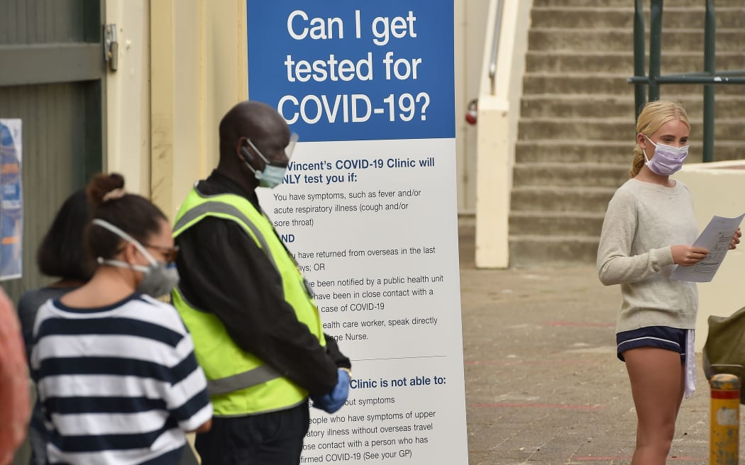 People line up at a COVID-19 coronavirus testing station at Bondi Beach in Sydney on April 1, 2020.