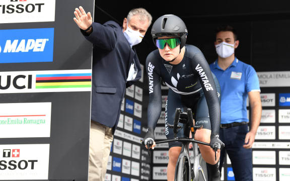 Georgia Williams riding for New Zealand in the women's time trial at UCI 2020 Road World Championships in Italy.