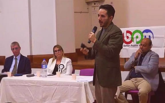 Greens' broadcasting spokesperson Ricardo Menendez March at Better Public Media's election media debate last Monday, alongside NZ First's Jenny Marcroft, Labour's Willie Jackson and BPM chair Dr Peter Thompson (left).