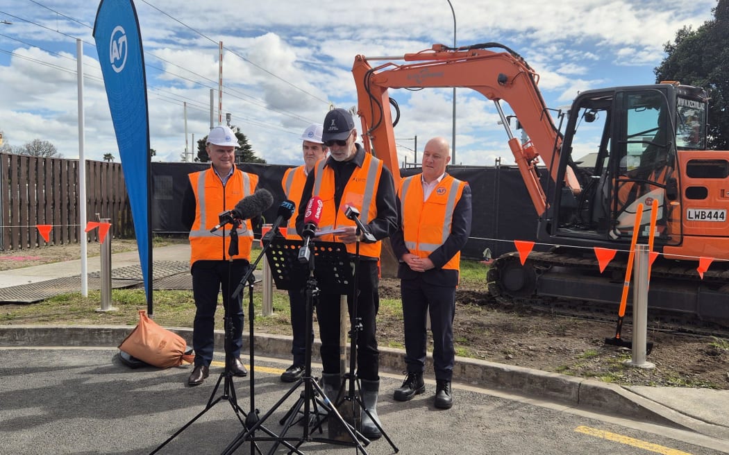 Auckland Mayor Wayne Brown, Prime Minister Christopher Luxon, and Transport Minister Chris Bishop marked the start of site works at Takanini Station.