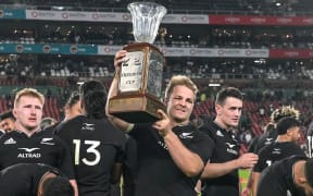 All Blacks captain Sam Cane with the Freedom Cup after the South Africa Springboks v New Zealand All Blacks rugby union test match at Ellis Park, Johannesburg, South Africa on Saturday 13 August 2022.