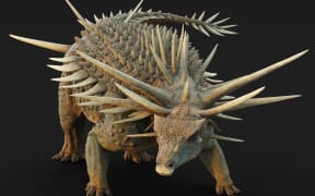 A handout image released by the Natural History Museum in London on August 28, 2025 shows an artist's digital life reconstruction of 'Spicomellus afer', an ankylosaur dinosaur that lived over 165 million years ago. Newly discovered fossils reveal that Spicomellus afer’s skeleton was covered in spikes -- something never seen before in any other vertebrate species living or extinct. (Photo by MATT DEMPSEY / NATURAL HISTORY MUSEUM / AFP) / RESTRICTED TO EDITORIAL USE - MANDATORY CREDIT "AFP PHOTO / NATURAL HISTORY MUSEUM / MATT DEMPSEY " - HANDOUT - NO MARKETING, NO ADVERTISING CAMPAIGNS, NO COMMERCIAL USE, NO SALES, RESTRICTED TO SUBSCRIPTION USE TO ILLUSTRATE THE STORY MENTIONED IN THE CAPTION - DISTRIBUTED AS A SERVICE TO CLIENTS /