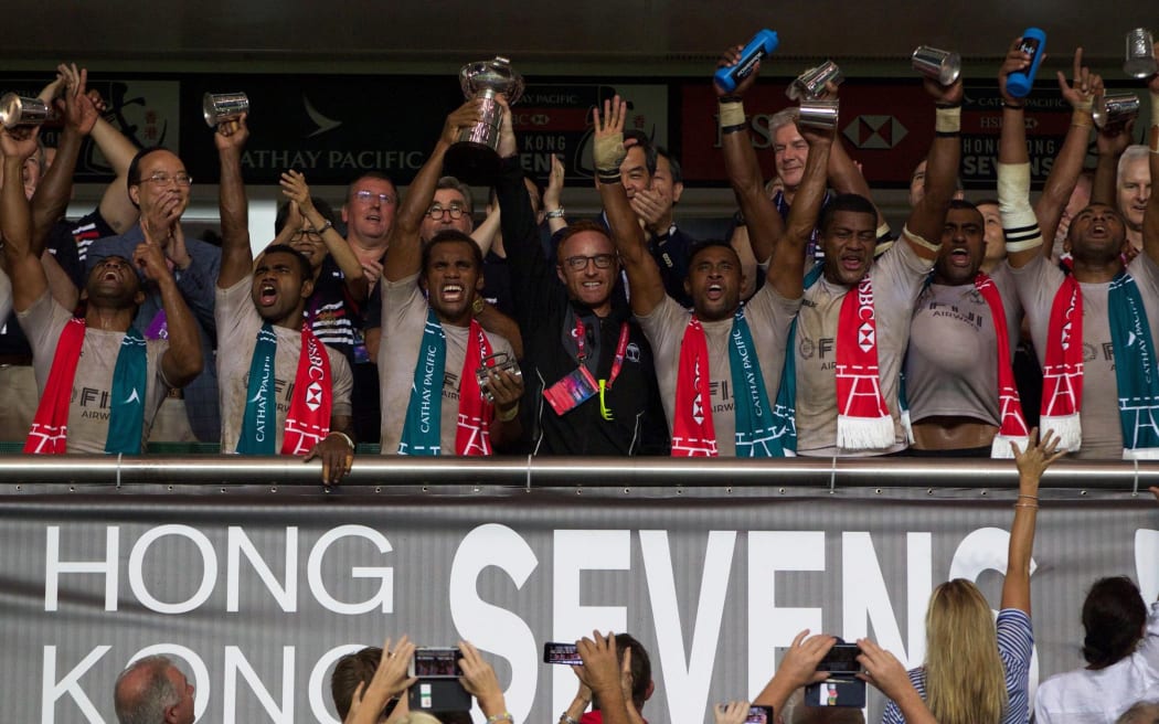 Fiji celebrate winning the Hong Kong Sevens.