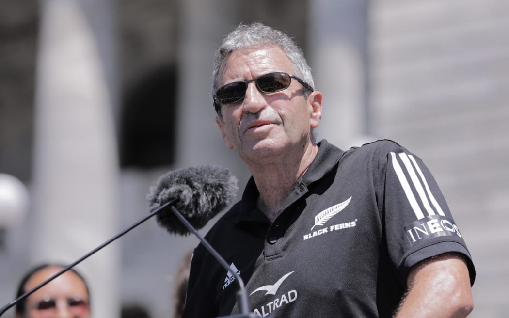 Head coach Wayne Smith speaks to the crowd outside Parliament, where the Black Ferns squad and fans gathered to celebrate the team's World Cup win, on 13 December, 2022.