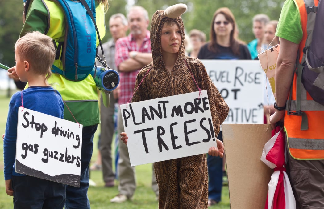 Simon Gillies, then 7 at the Rotorua People's Climate March in 2015.  Daily Post Photograph by Stephen Parker.