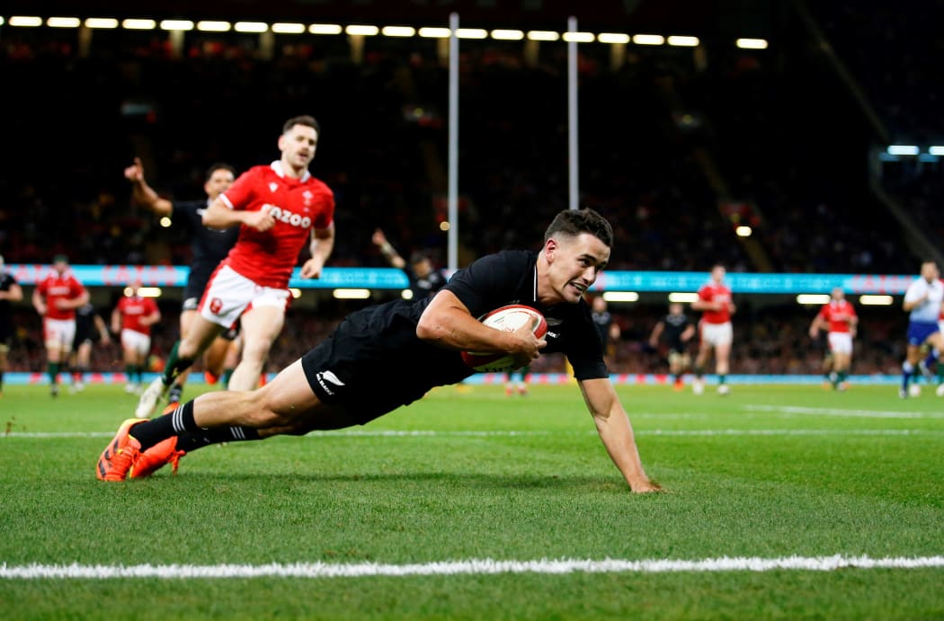 Will Jordan scores a try.
New Zealand All Blacks v Wales. Northern Tour. Rugby Union. Principality Stadium, Wales, UK. Saturday 30 October 2021. Â© Mandatory photo credit: Matt Impey/ www.Photosport.nz