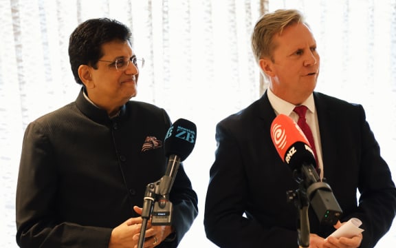 Indian Commerce Minister Piyush Goyal and Trade Minister Todd McClay speak to reporters at a press conference in Auckland on 5 November 2025.