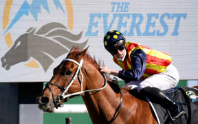 Jockey James McDonald rides Nature Strip to victory in race 7, The Everest, at Royal Randwick Racecourse in Sydney, Saturday, October 16, 2021. (AAP Image/Dan Himbrechts) NO ARCHIVING, EDITORIAL USE ONLY