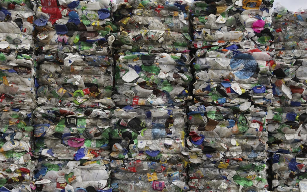 Bales of compressed plastic at the  OJI Seaview Materials Recovery Facility in Lower Hutt