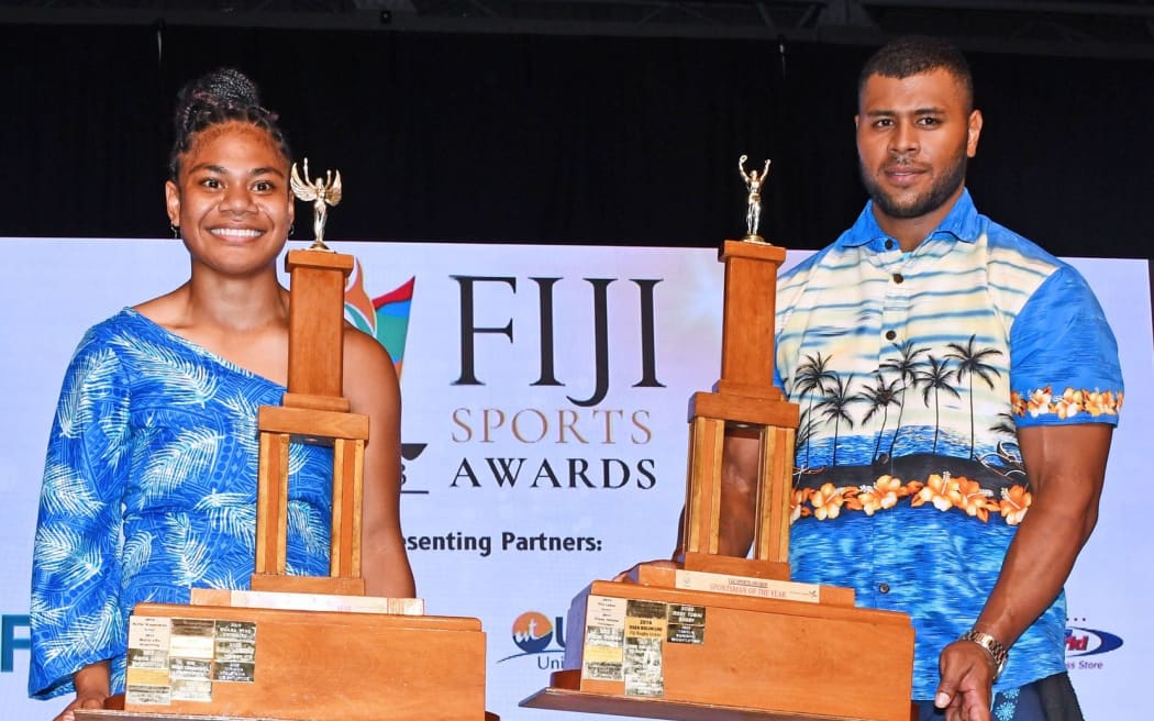 Miriama Taletawa, left, and Taniela Rainibogi, right, were awarded the Fiji Sports Council 2023 Sportsman and Sportswoman of the Year respectively in Suva on Saturday night.