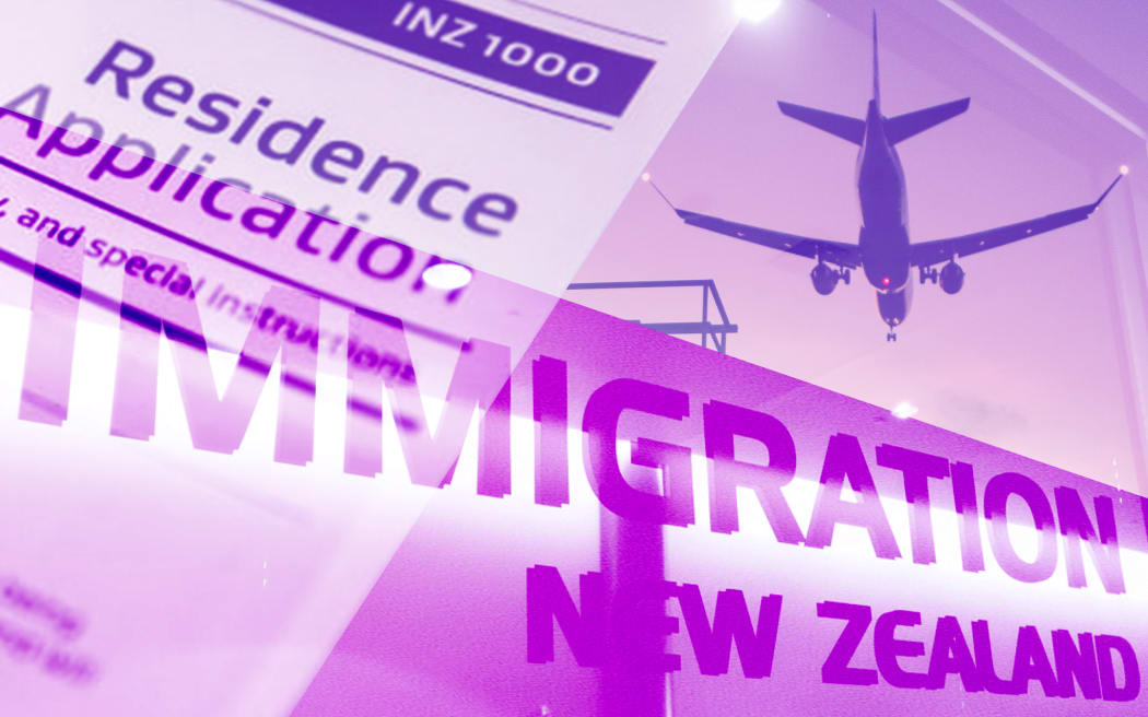 Collage of airplane, resident visa and Immigration NZ sign