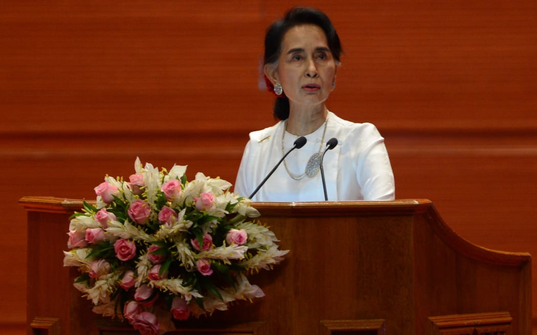 Myanmar State Counsellor and Foreign Minister Aung San Suu Kyi delivers her address during the opening of a peace conference in Naypyidaw on August 31, 2016.
