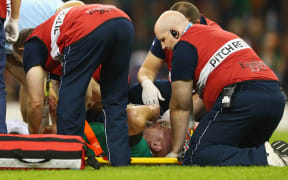 Ireland captain Paul O'Connell carried off the field RWC2015.