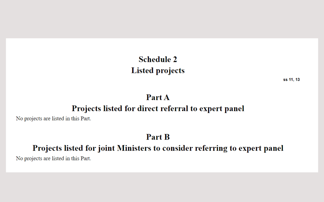 Screenshot of empty projects list in Schedule 2 of the Fast Track Approvals Bill