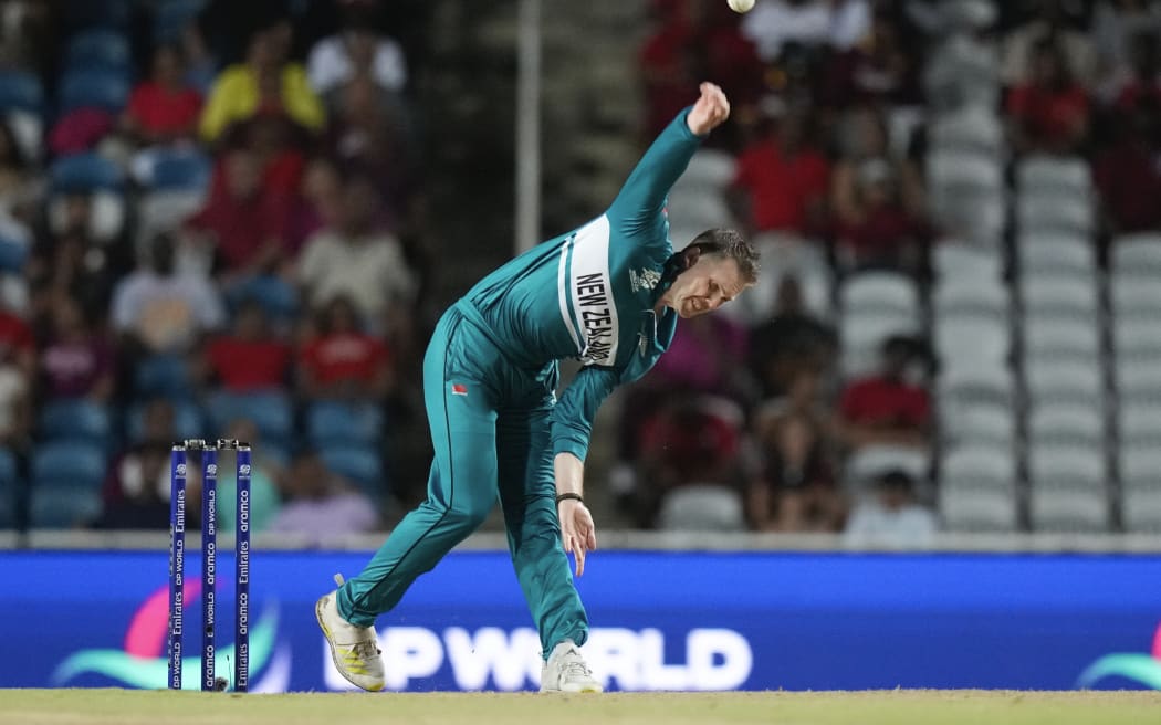 New Zealand's Lockie Ferguson bowls during the men's T20 World Cup cricket match between the West Indies and New Zealand.