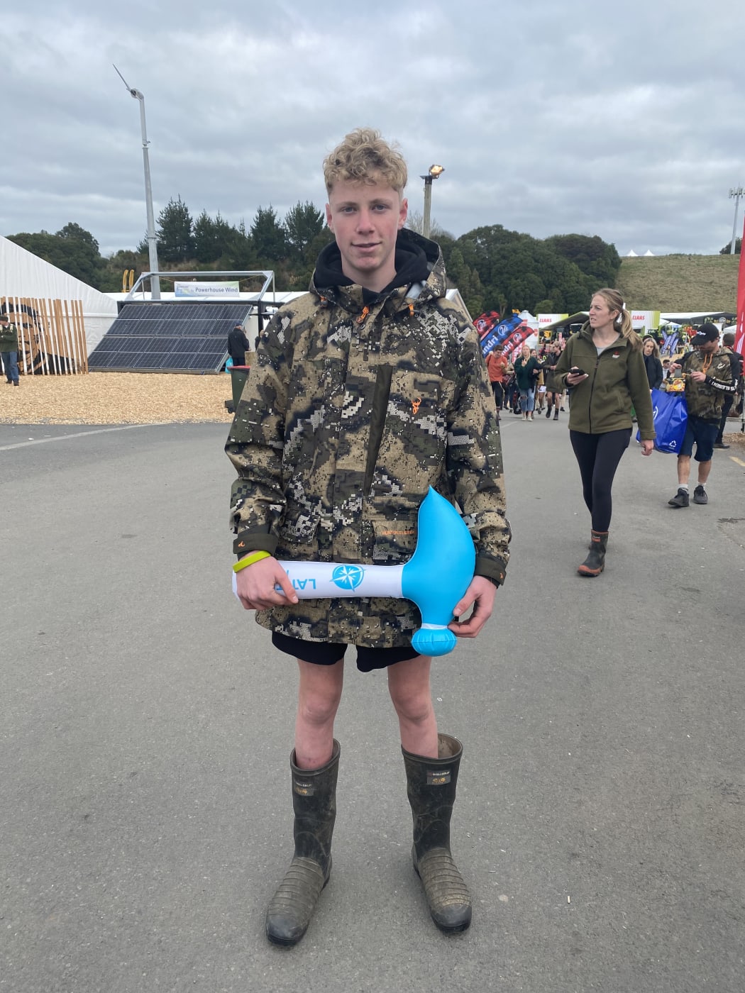 James is wearing Hunters Element and gum boots. He comes here to socialise and try new tools.