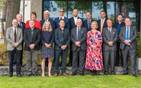 Environment Canterbury councillors David East (back, left, Christchurch North East/Ōrei), Claire McKay (North Canterbury/Ōpukepuke), Tutehounuku Korako (Ngāi Tahu), Iaean Cranwell (Ngāi Tahu), Joe Davies (Christchurch North East/Ōrei), Nick Ward (South Canterbury/Ōtuhituhi), Deon Swiggs (Christchurch West/Ōpuna), Paul Dietsche (Christchurch South/Ōwhanga), Grant Edge (front, left, North Canterbury/Ōpukepuke), Greg Byrnes (Christchurch Central/Ōhoko), Vicky Southworth (Christchurch South/Ōwhanga), Craig Pauling (Christchurch West/Ōpuna), Peter Scott (South Canterbury/Ōtuhituhi), Genevieve Robinson (Christchurch Central/Ōhoko), Ian Mackenzie (Mid-Canterbury/Ōpākihi) and John Sunckell (Mid-Canterbury/Ōpākihi).