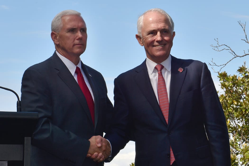 Mike Pence (left) and  Malcolm Turnbull after a joint media conference at the Kirribilli House Sydney on 22 April 2017.