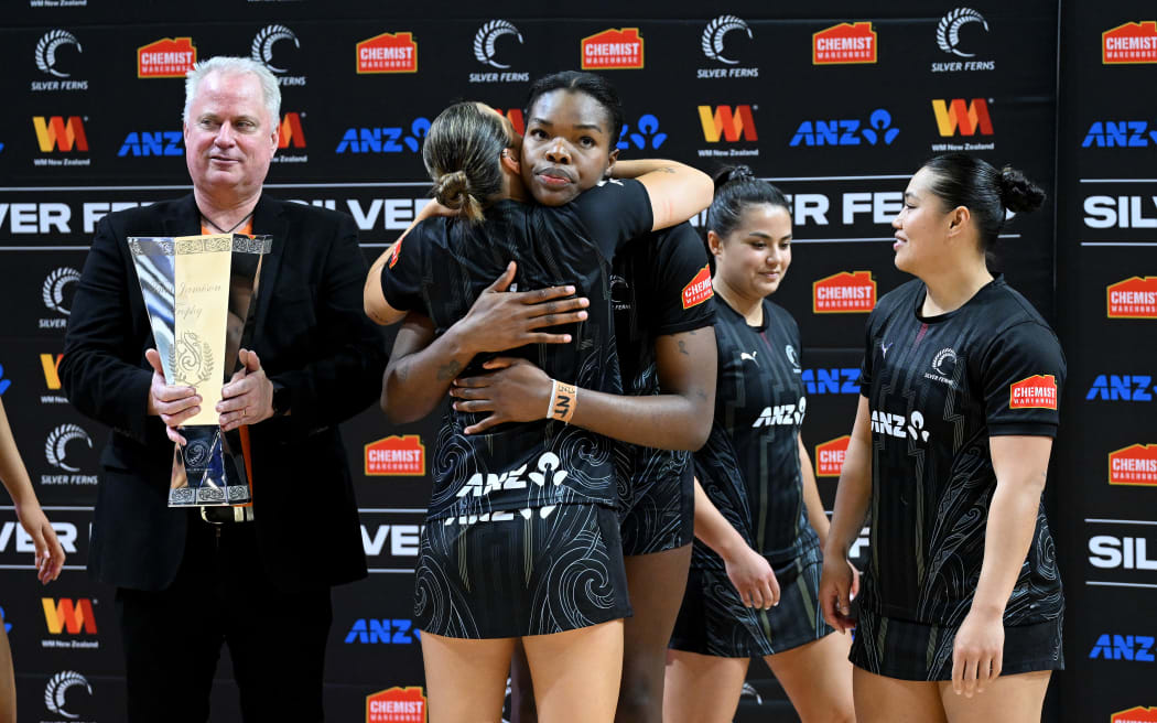 INVERCARGILL, NEW ZEALAND - SEPTEMBER 28: Martina Salmon and Grace Nweke of New Zealand share a moment following game three of the Taini Jamison Trophy series between New Zealand Silver Ferns and South Africa Proteas at ILT Stadium Southland on September 28, 2025 in Invercargill, New Zealand. (Photo by Joe Allison/Getty Images)
