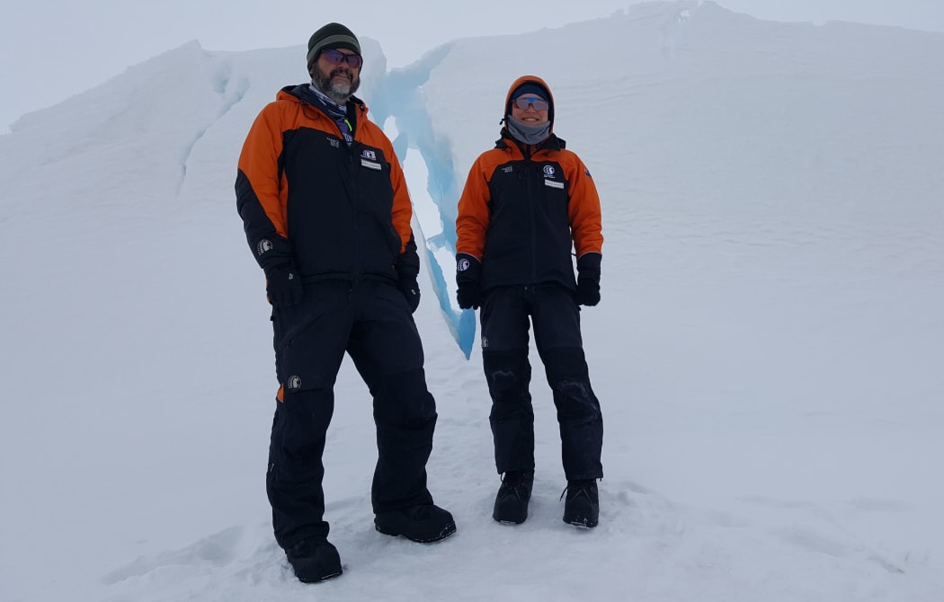 Greg Leonard and Maren Richter from the University of Otago, standing in the pressure ridges in front of Scott Base, where the sea ice is pushed up against the land.