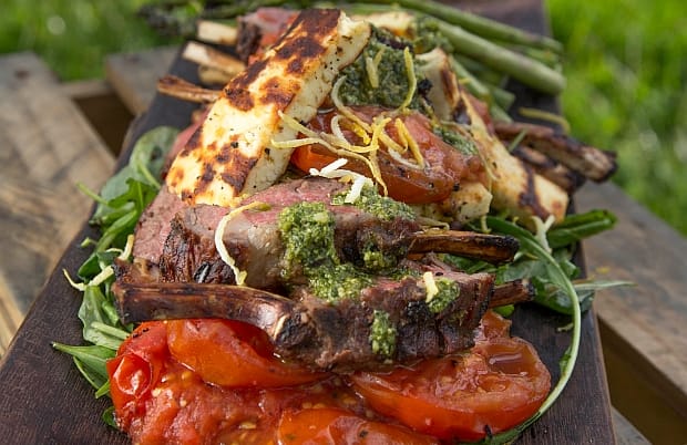 Rack of Lamb with Grilled Haloumi & Asparagus by  Angelo Georgalli.