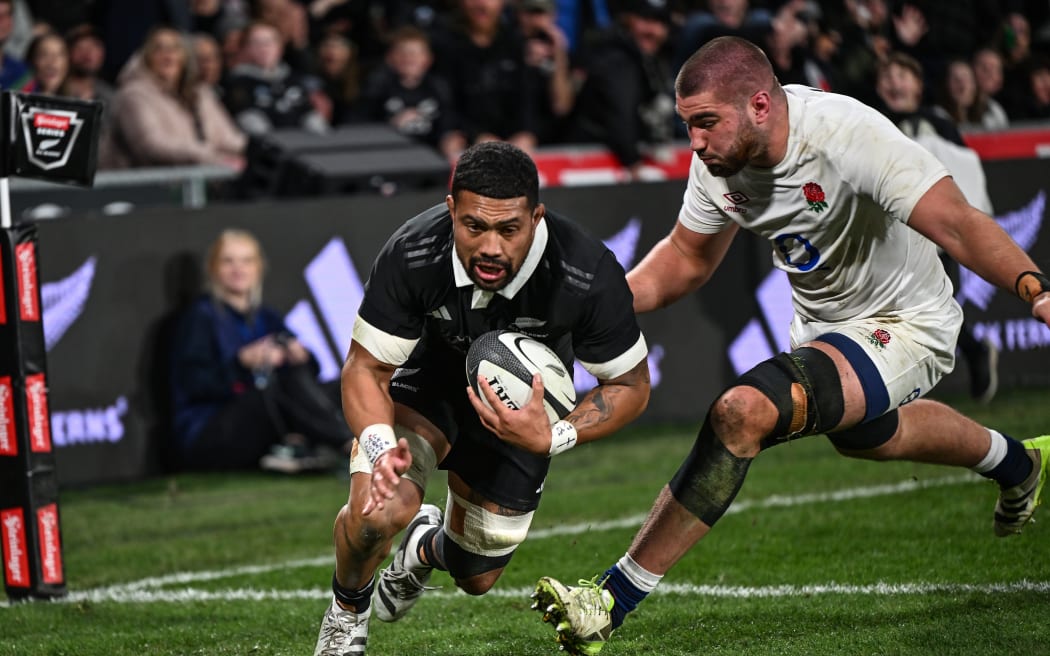 Ardie Savea scores for the All Blacks against England at Forsyth Barr Stadium, Dunedin.