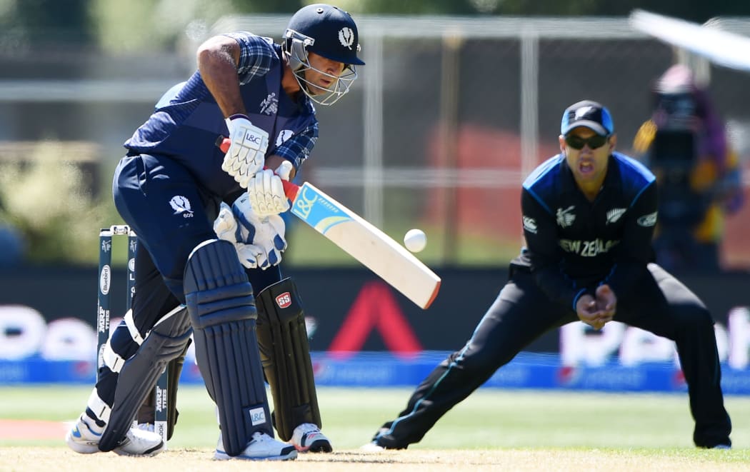 Scotland's Majid Haq was one of three wickets taken by Dan Vettori.