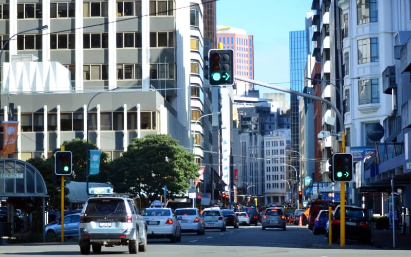 WELLINGTON - AUG 22 2014:Traffic on Featherston Street, in the central business district of Wellington, the capital city of New Zealand.