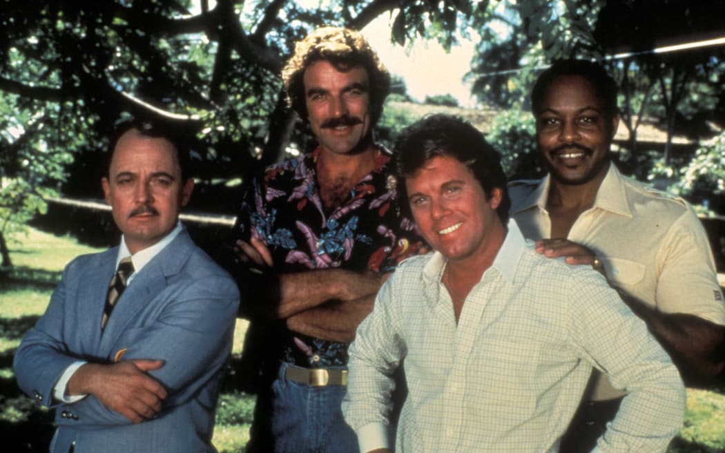 Magnum, P.I. TV series stars Tom Selleck, John Hillerman, Roger E. Mosley and Larry Manetti.