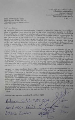 The letter sent to the NZ PM by Manus Island asylum seekers.
