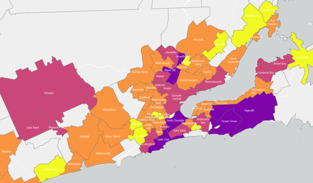 Dunedin suburbs neighbouring value difference.