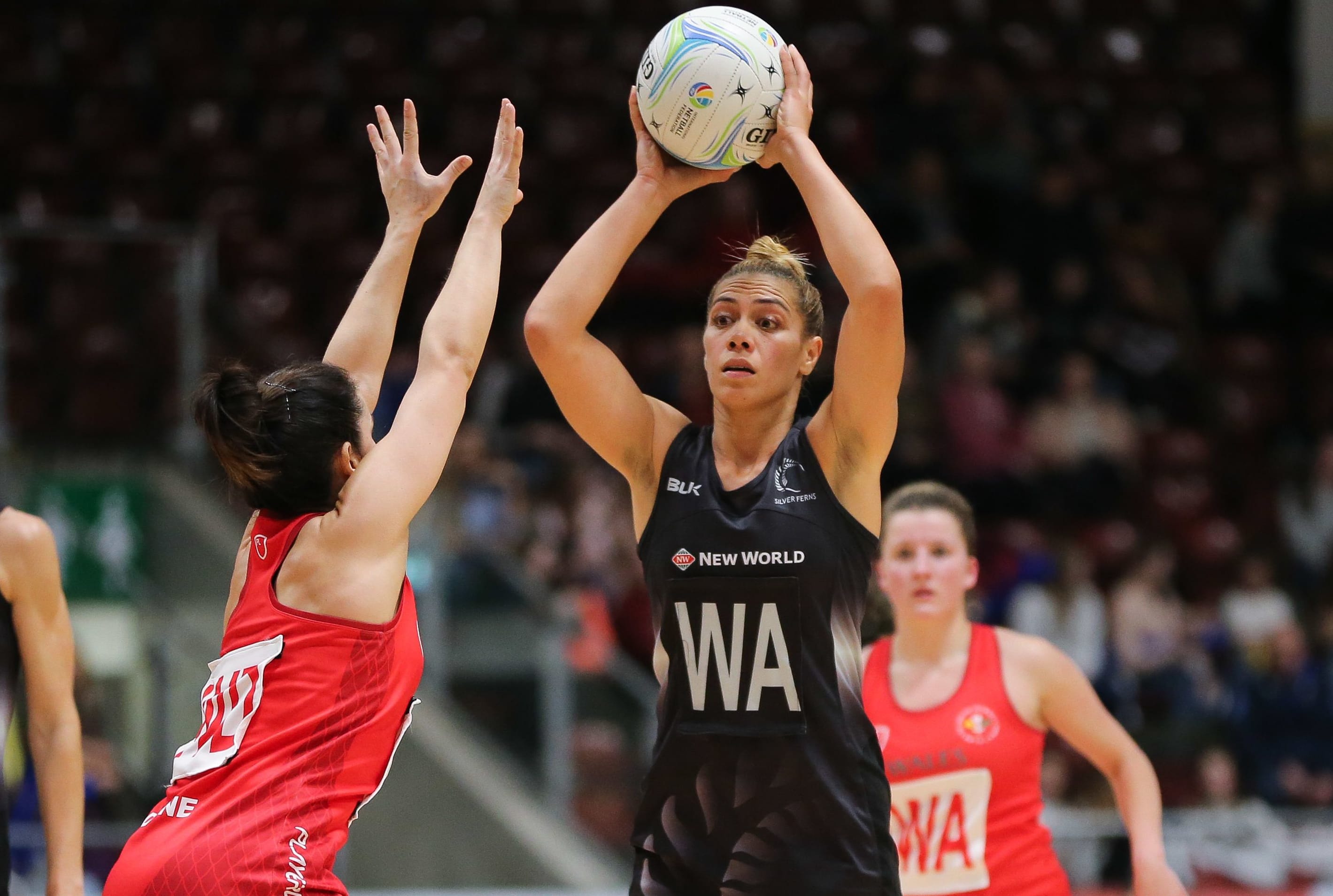 Silver Fern Grace Rasmussen in action against Wales 2017.