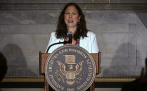 Dr. Colleen Shogan delivers remarks during her swearing-in ceremony to be 11th Archivist of the United States, at the National Archives Museum in Washington, DC, on September 11, 2023. Shogan is the first woman to ever be appointed as National Archivist. (Photo by Mandel NGAN / AFP)