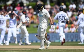 New Zealand batsman Michael Bracewell heads back to the dressing roo.
New Zealand Black Caps v England. Day 4 of the first day/night cricket test match at Bay Oval, Tauranga, New Zealand. Feb 19 2023. ( Photo by Andrew Cornaga / Photosport )
