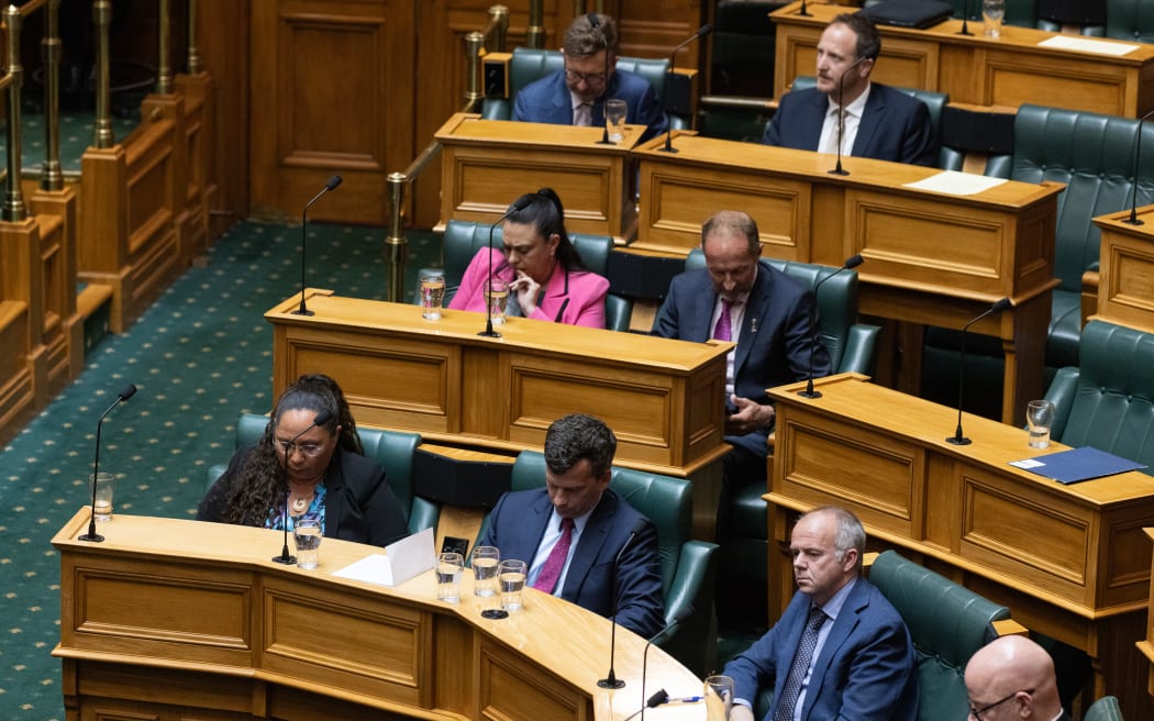 ACT MPs keeping their heads down during the first reading debate for the Principles of the Treaty of Waitangi Bill.