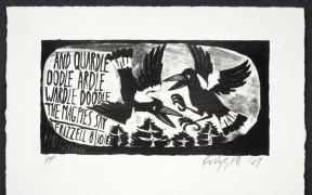 Work by Dick Frizzell based on Denis Glover poem The Magpies