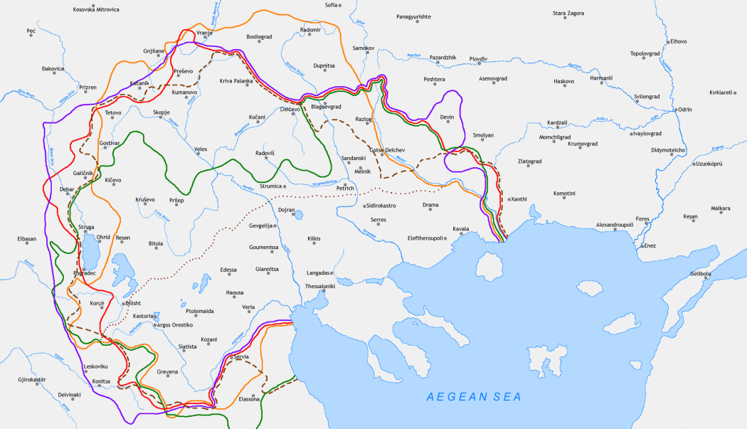 Borders of Macedonia, based on the Roman province, according to different authors (1843–1927)