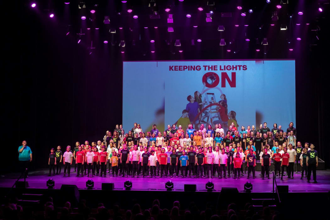 Full cast of National Youth Theatre's fundraising variety show titled 'Keeping the Lights on' in 2020 at Kiri Te Kanawa theatre in Auckland.