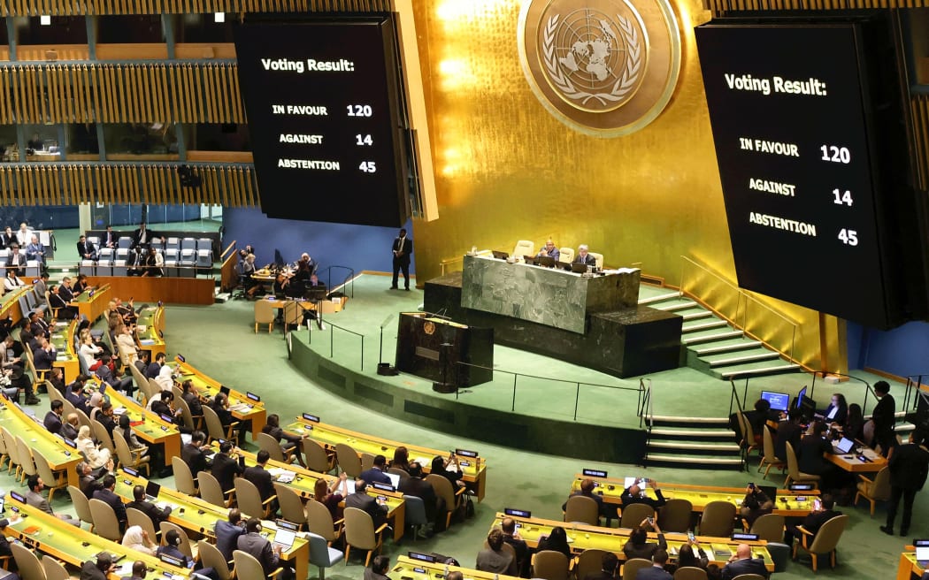 A picture shows General Assembly which voted on resolution on Israel-Palestinian war at UN Headquarters in New York on October 27, 2023. ( The Yomiuri Shimbun ) (Photo by Yasushi Kaneko / Yomiuri / The Yomiuri Shimbun via AFP)