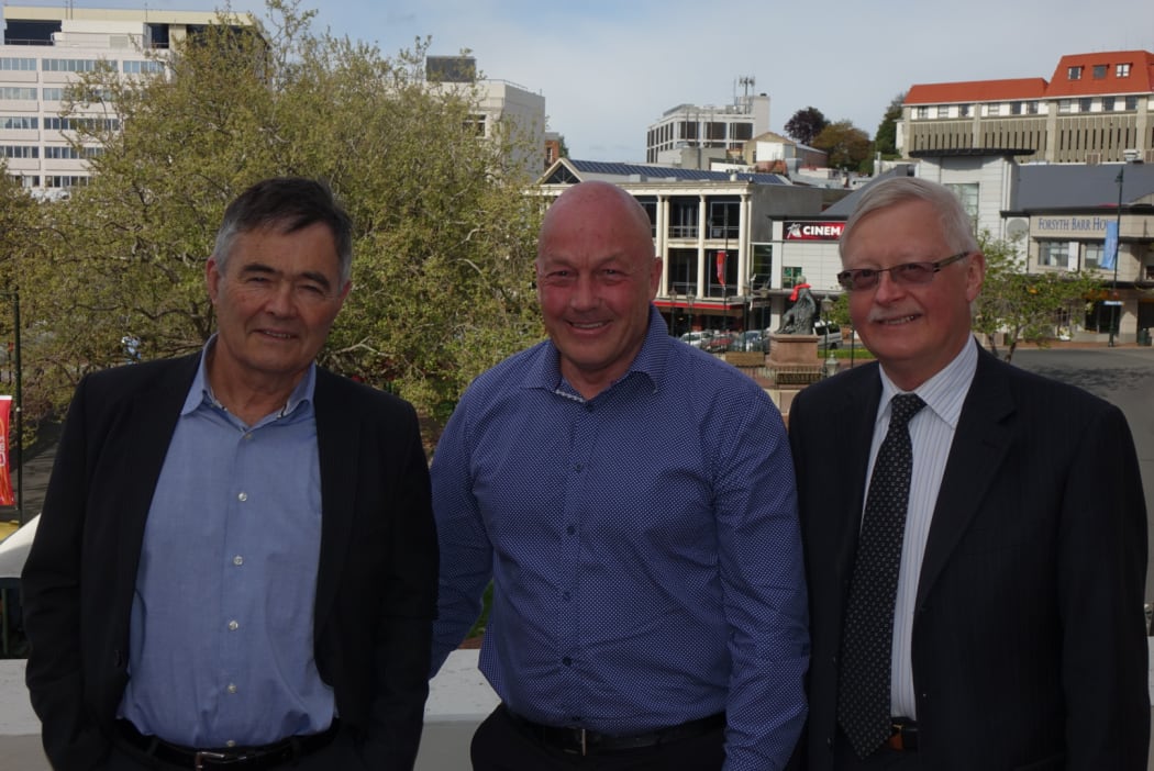From left, Dunedin mayor Dave Cull, Clutha mayor Bryan Cadogan and Dunedin deputy mayor Chris Staynes (on Mr Cull's balcony)