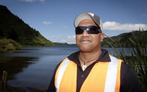 Lake Rotokakihi Trustee Peter Moke is protesting the sewer line running through the area.  30 January 2024 The Daily Post Photo / Andrew Warner