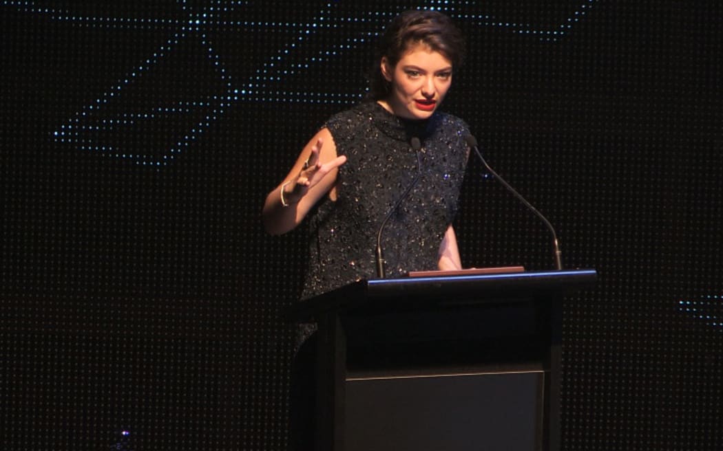 Lorde accepts the Most Performed Work Award for the songs Team New Zealand and Royals International at the Silver Scroll Awards at TSB Arena.