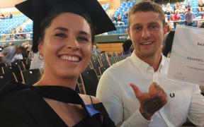 Nelson graduate Alex Dissmeyer and friend Al Ryan at the NMIT 2019 graduation ceremony.