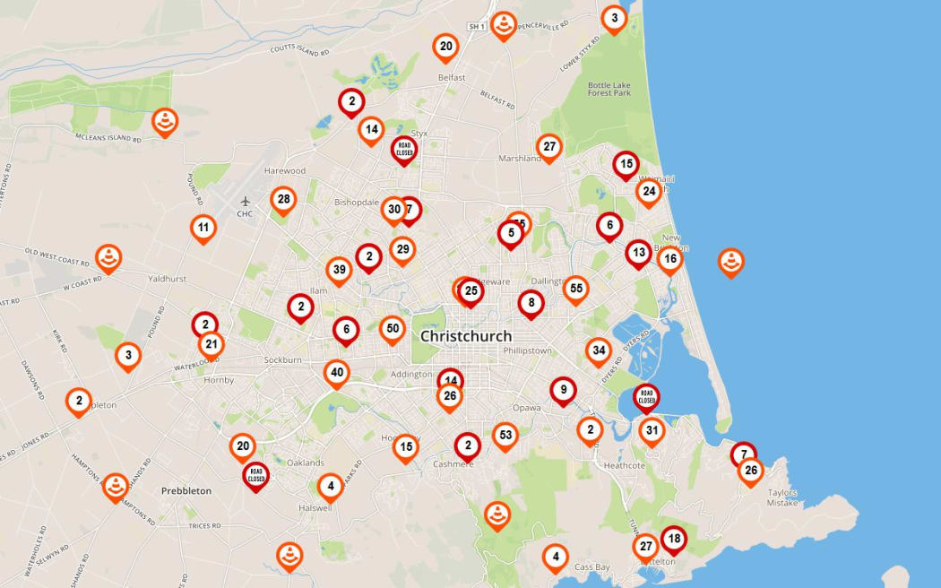 A screenshot taken on 27 April 2016 showing roadworks and road closures in Christchurch.