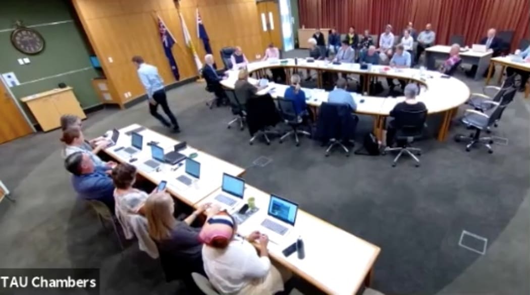 Councillor Adie Doyle leaves the Ruapehu District Council chamber for the duration of the karakia.
Photo taken from Ruapehu District Council livestream.