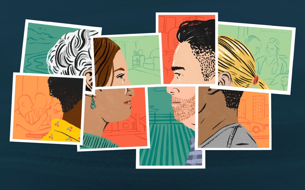 Multiple snapshots of different people combined.