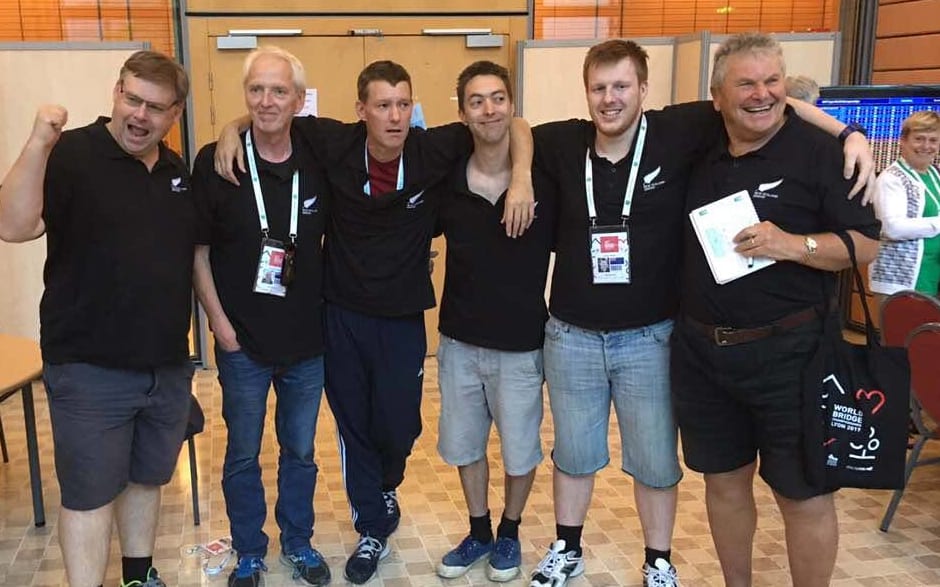 The New Zealand men's bridge team, 'Bridge Blacks' shortly after learning they are through to the semi-finals.