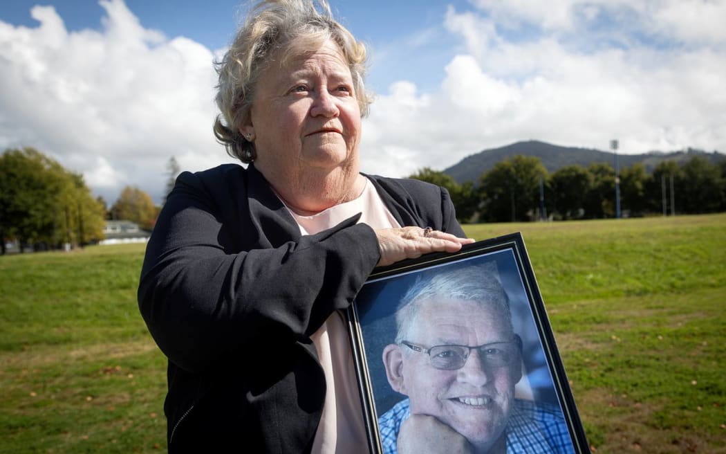 Denise Sturt holds a photo of her late husband Charles who advocated for the new skatepark which has been scrapped from the council plans.  10 April 2024 The Daily Post Photo / Andrew Warner