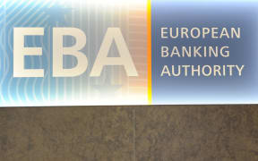 The European Banking Authority (EBA) logo is seen at the EBA offices in London's Canary Wharf financial district on March 23, 2017.