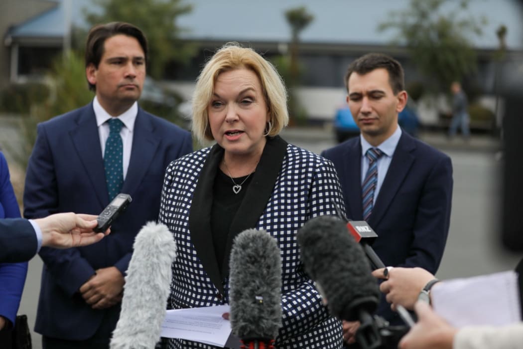 National Party leader Judith Collins and justice spokesperson Simon Bridges, left, announcing the party's law and order policy on Tuesday 11 August.